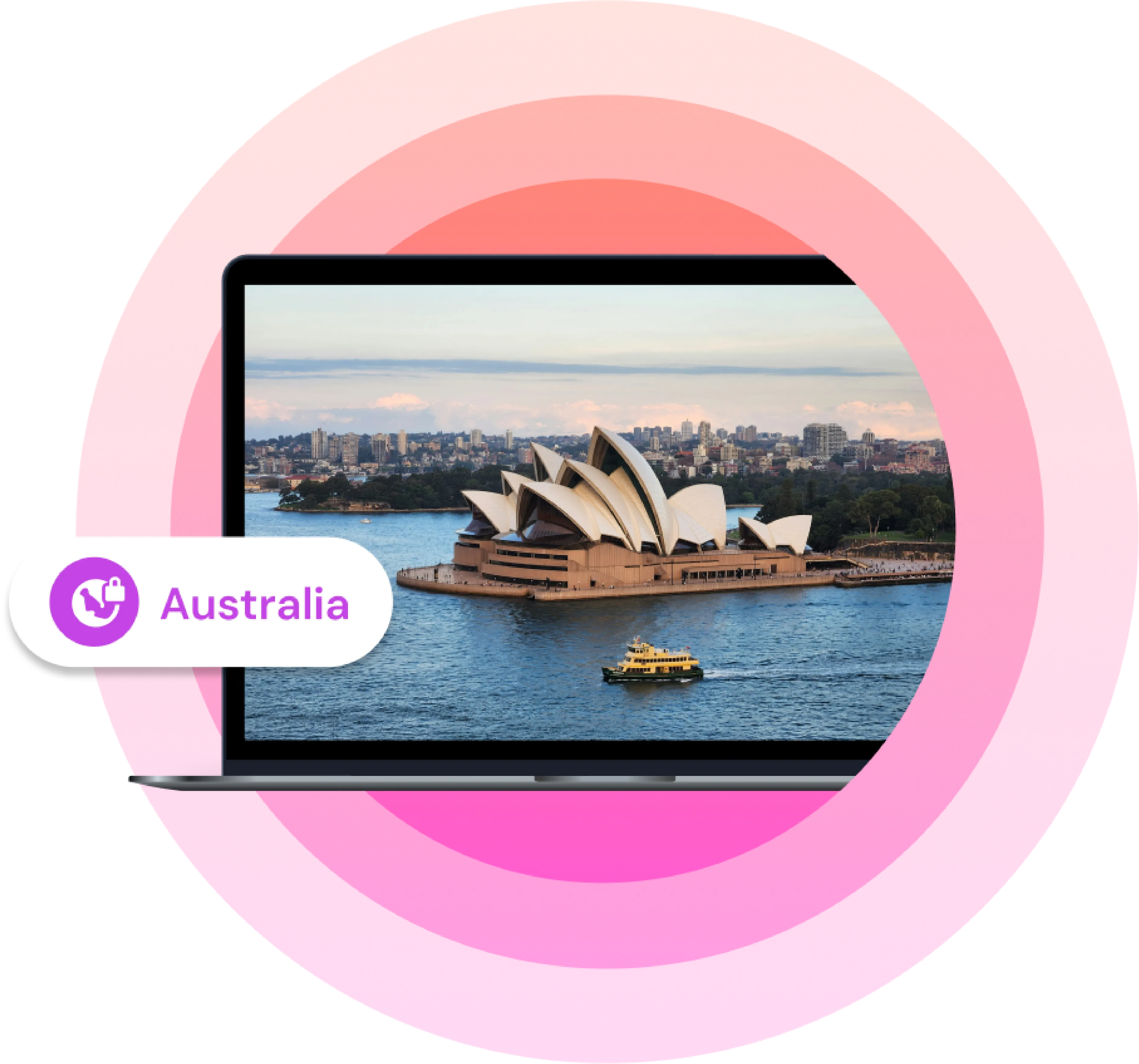 Laptop showing Sydney Opera House with "Australia" VPN label on gradient background.
